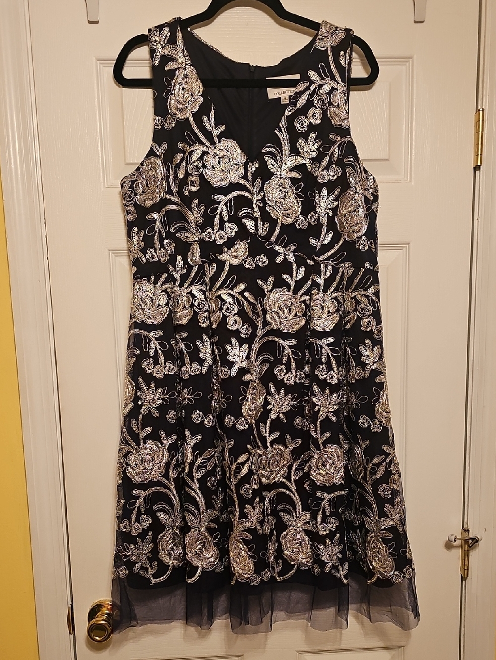 Navy Midi Dress with Silver Floral Sequin Overlay
